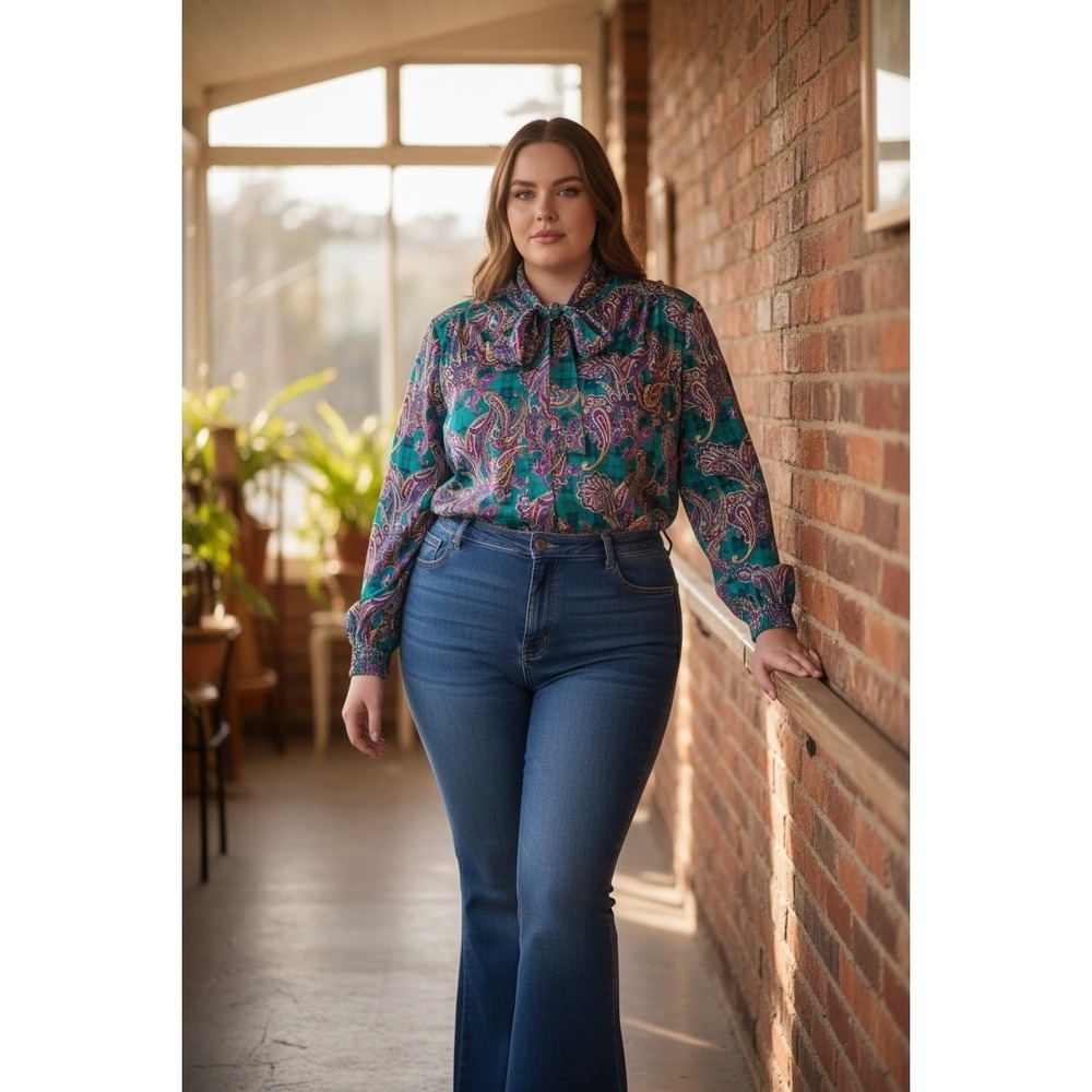 Alfred Dunner Teal Paisley Plaid Tie Neck Blouse Smocked Hem Plus Size 22W
